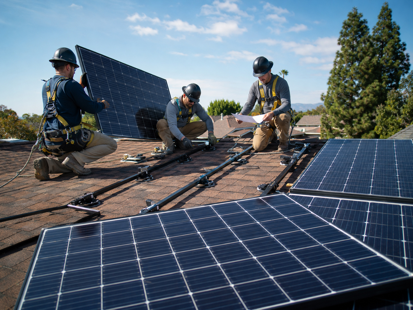 ABC Solar rooftop team reviewing solar installation methods