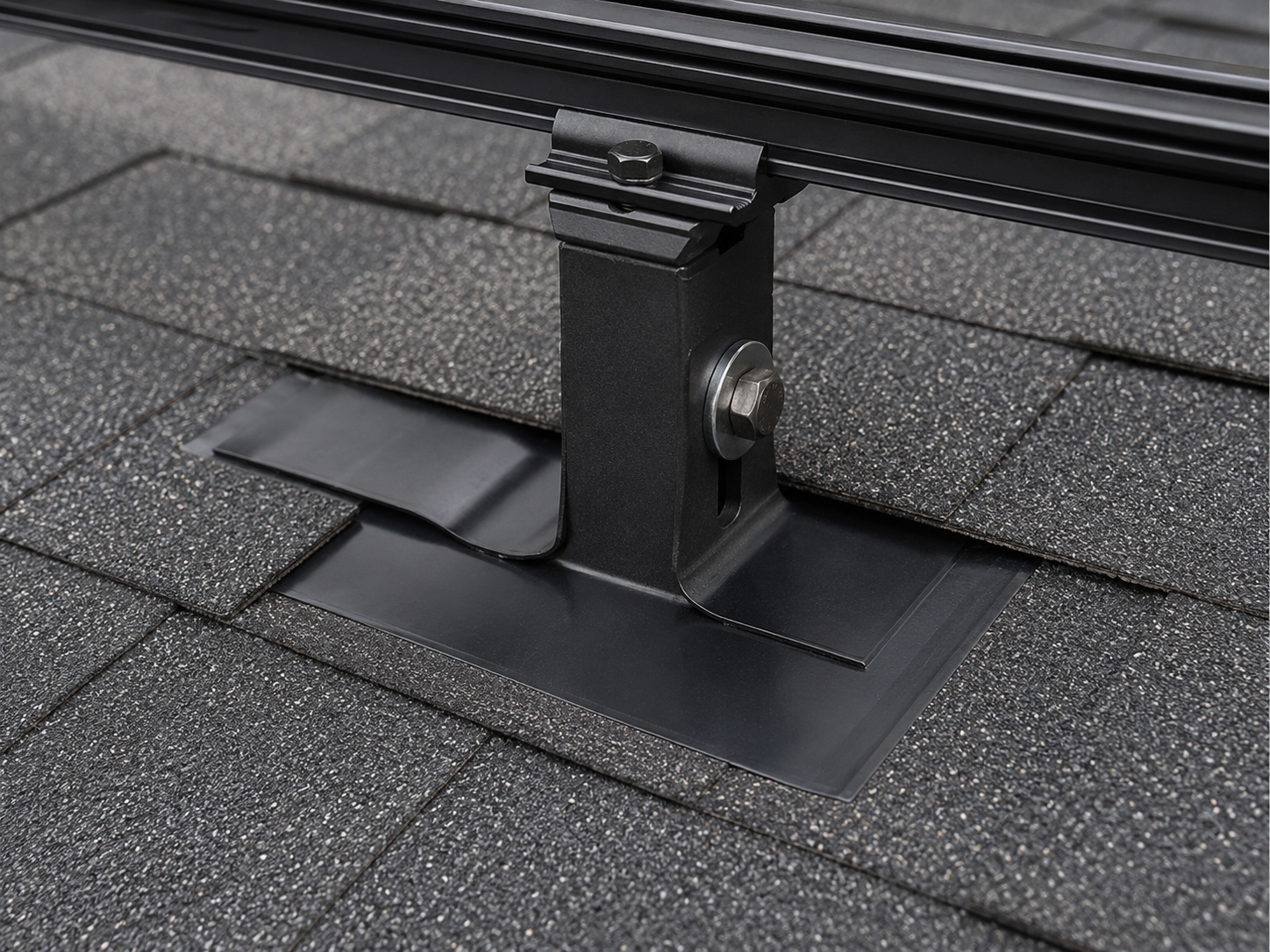 Asphalt shingle flashed solar mounting detail