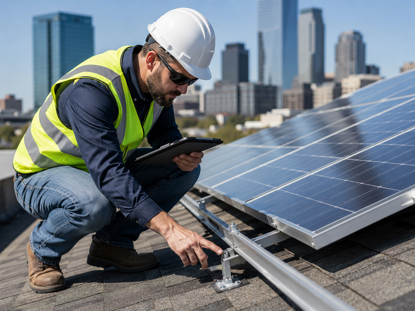 City inspector checking solar roof attachments on sloped roof