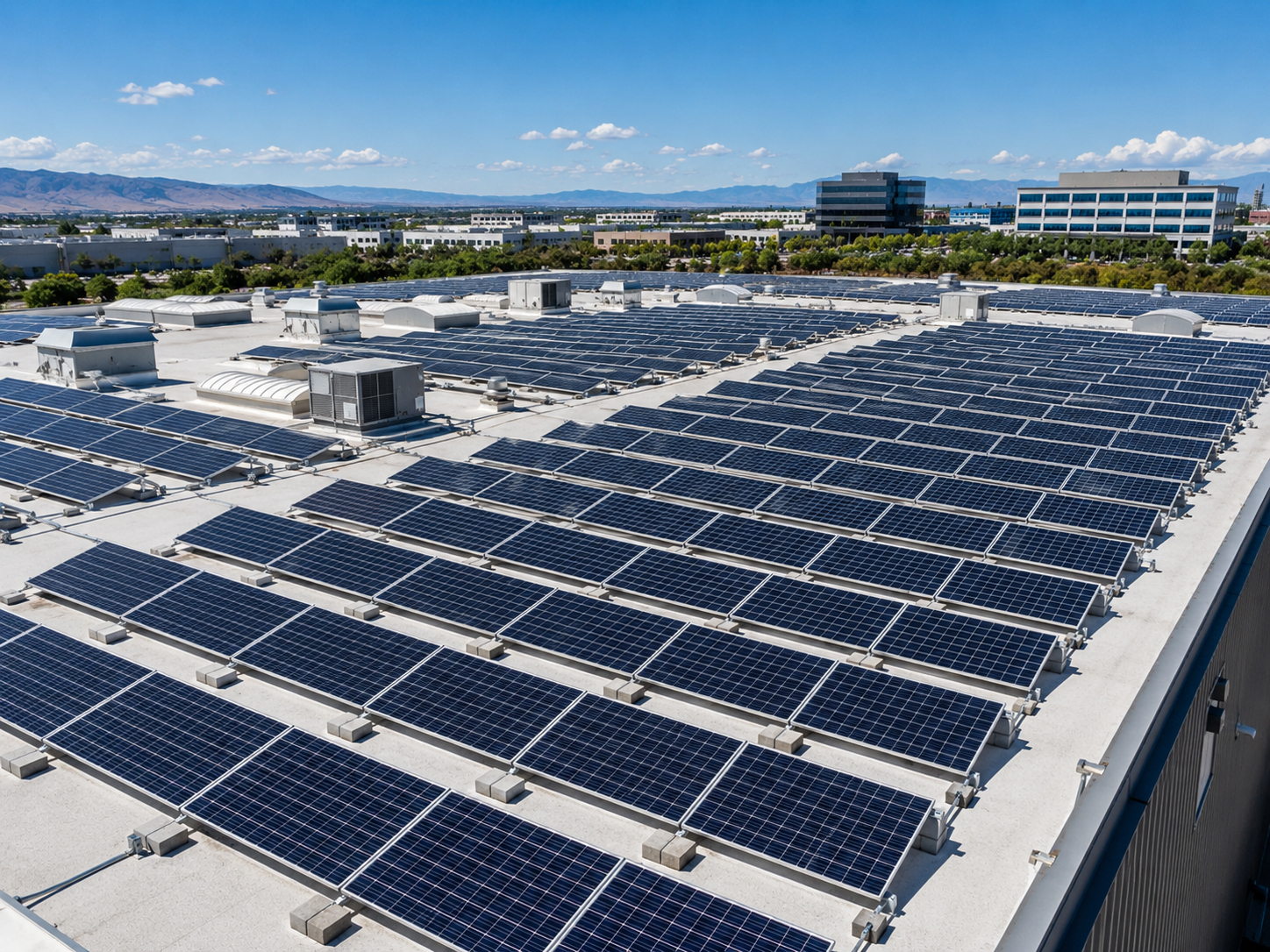 Commercial flat roof solar array with membrane protection planning