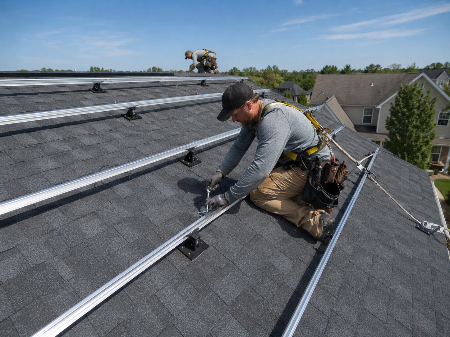 Composition shingle solar mounting installation on a residential roof