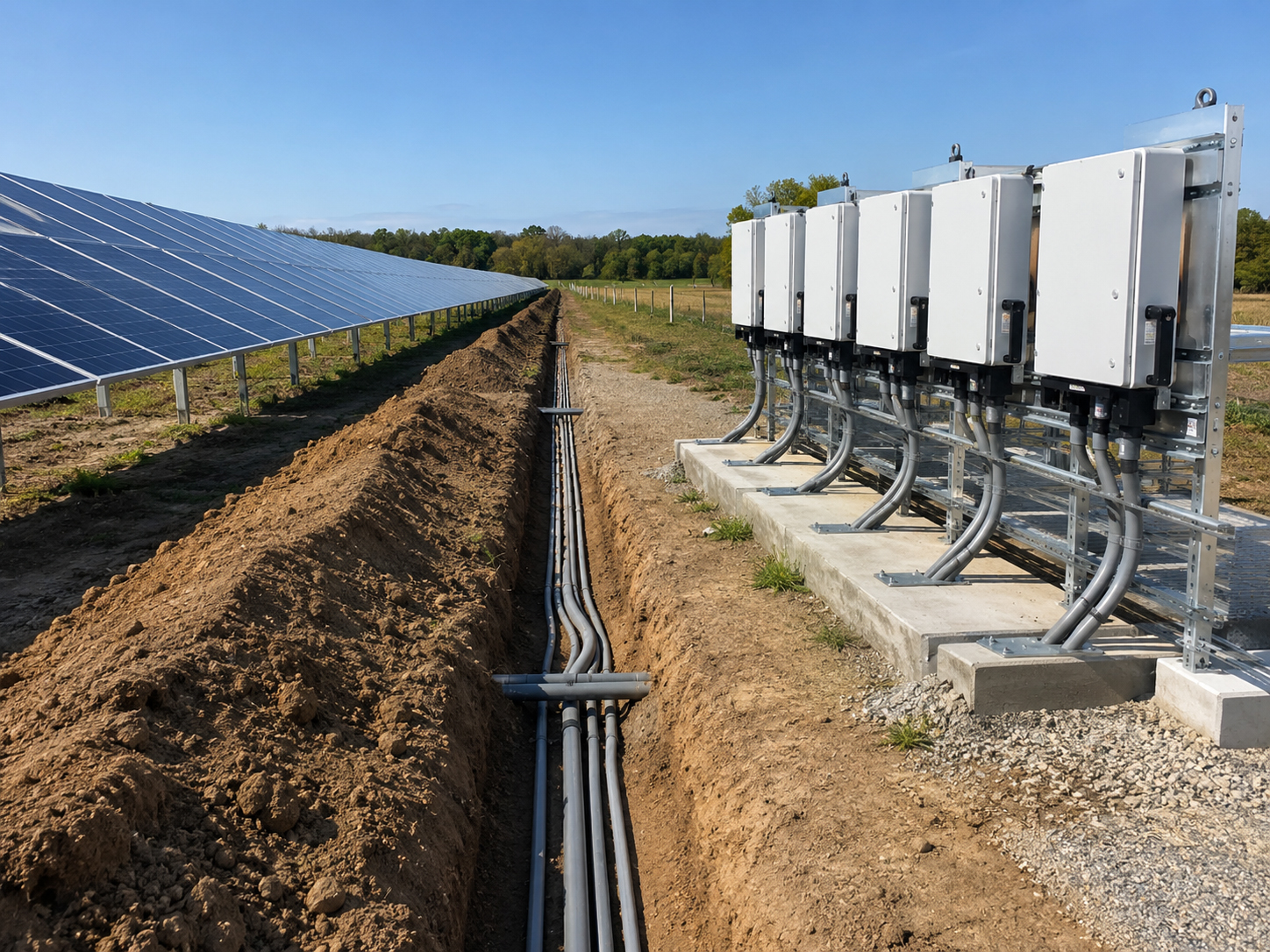 Ground mount solar trenching and inverter placement