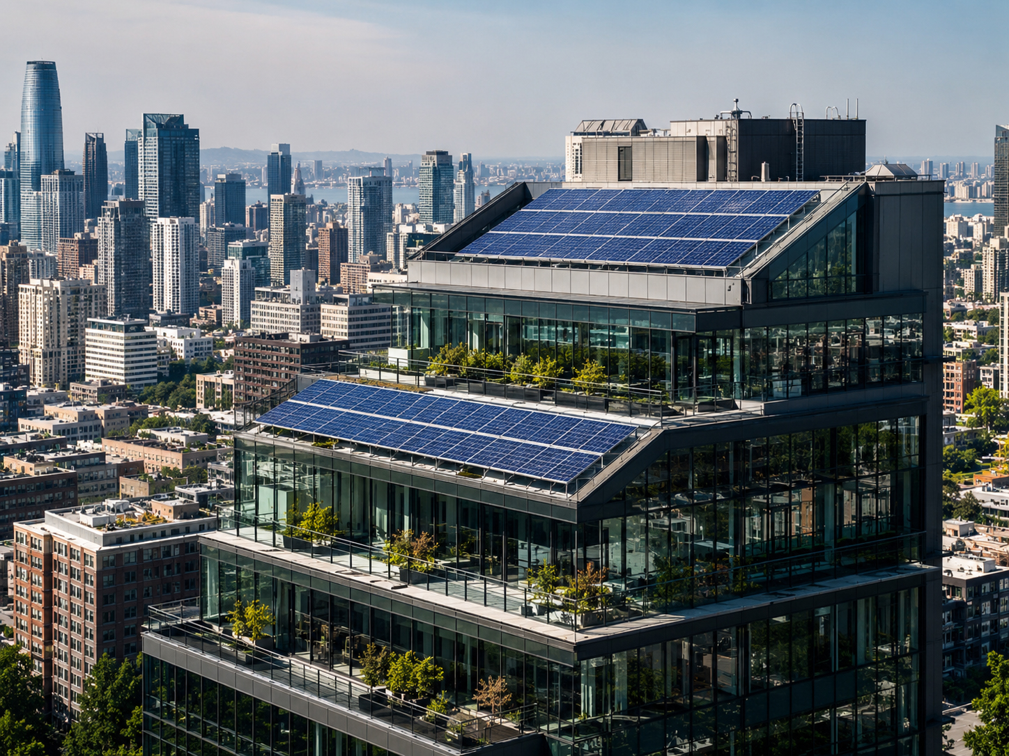 High-rise building with building-integrated solar mounting