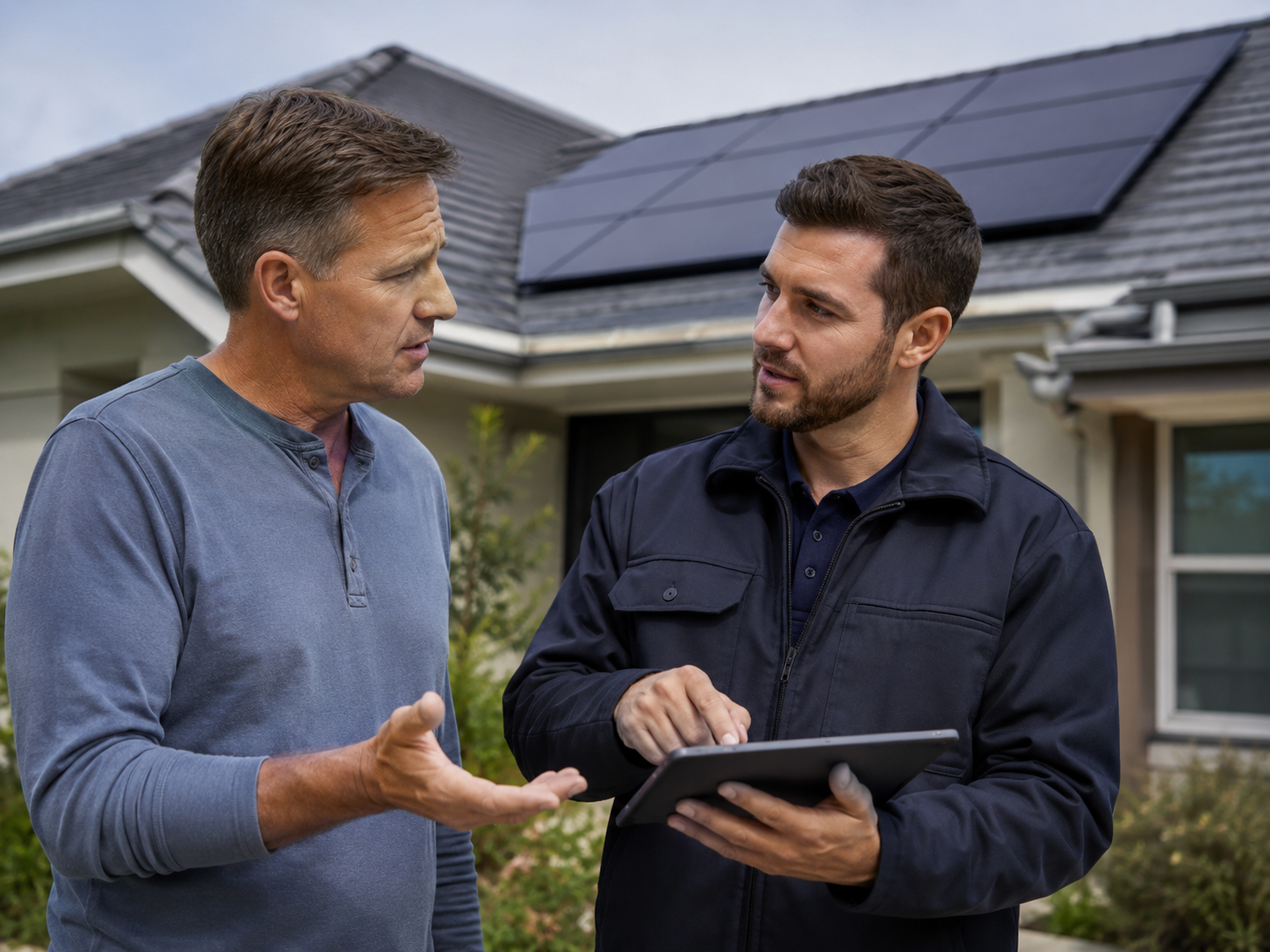 Homeowner asking roof leak questions before solar mounting