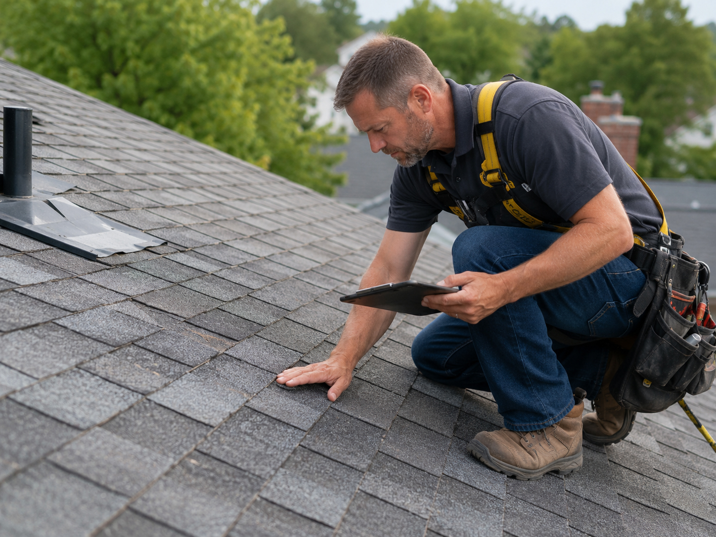 Roof condition and age inspection before composition shingle solar mounting