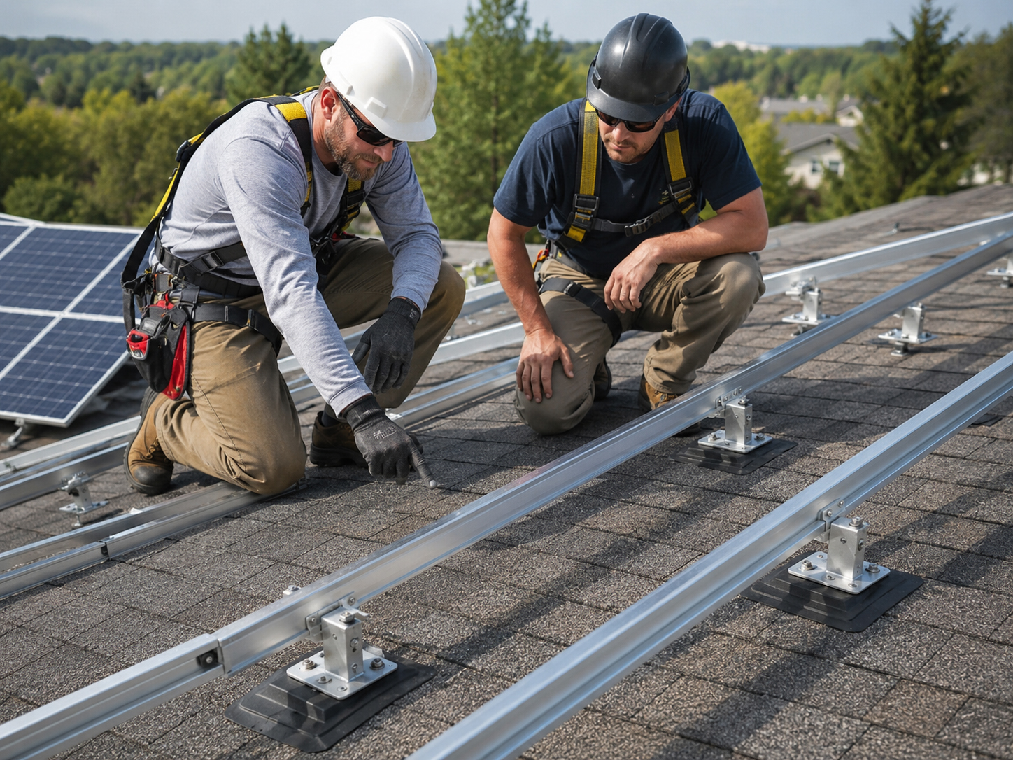 Roofer and solar contractor inspecting composition shingle roof