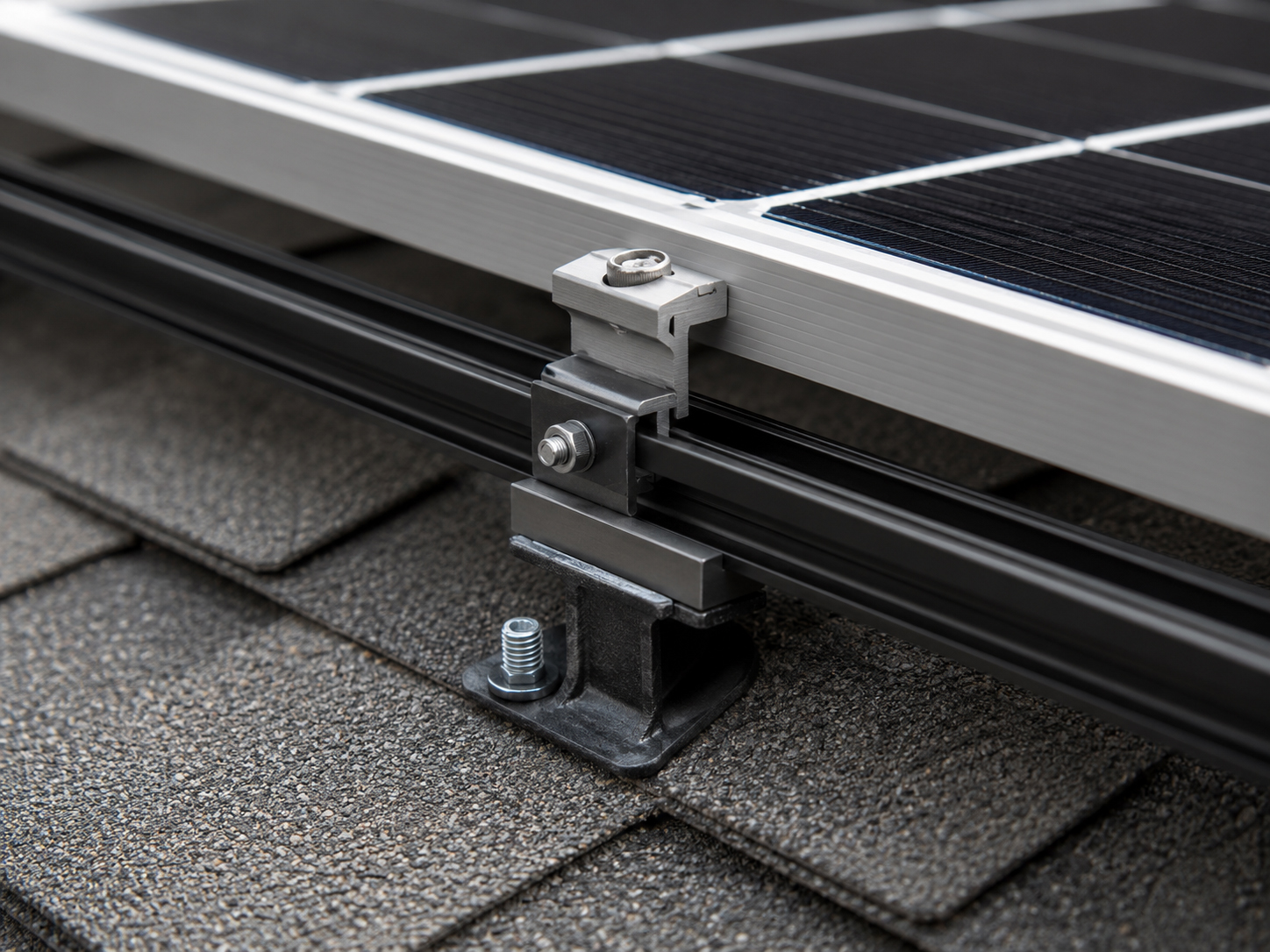 Solar rails and clamps installed above composition shingle roof mounts